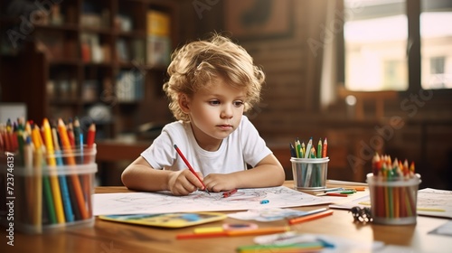 Realistic depiction of an adorable child engrossed in coloring a picture with vibrant markers at a wooden table in a kindergarten classroom. Copy space