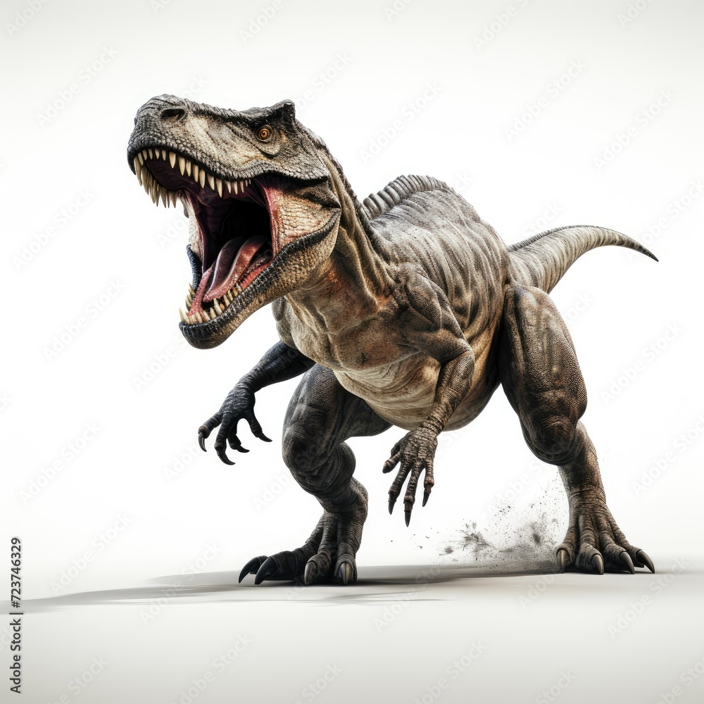 Fototapeta premium Fierce Tyrannosaurus Rex dinosaur roaring on a plain white background with dynamic pose and detailed textures.