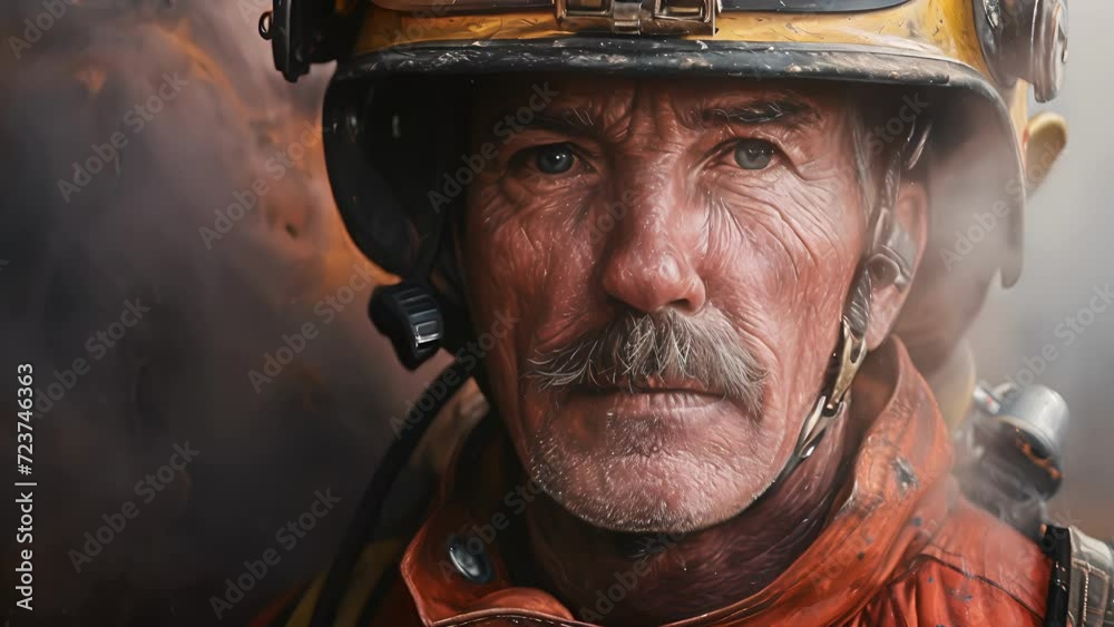 A portrait of a seasoned firefighter, with years of experience and bravery etched into the lines on their face, donning the smokediving helmet for another mission. A portrait of a seasoned firefighter, with years of experience and bravery etched into the lines on their face, donning the smokediving helmet for another mission.