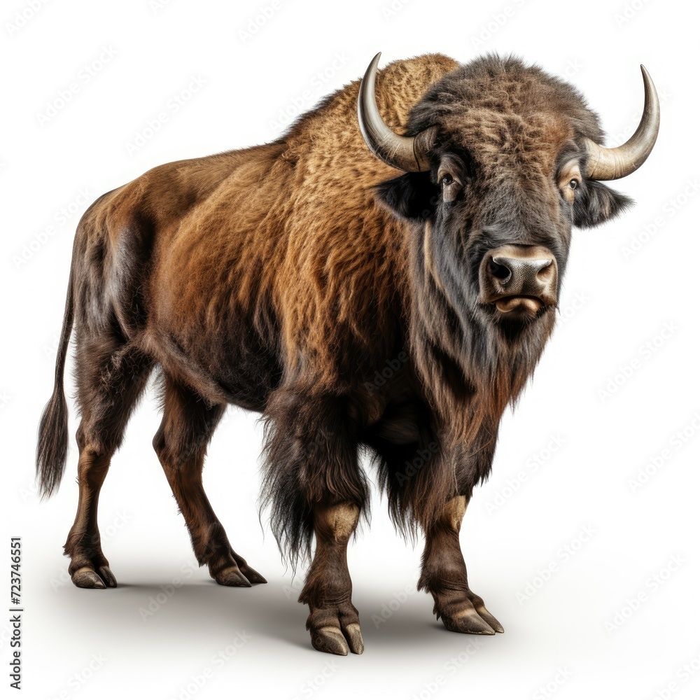 A bison standing on white background, full body profile of wild buffalo. A bison standing on white background, full body profile of wild buffalo.