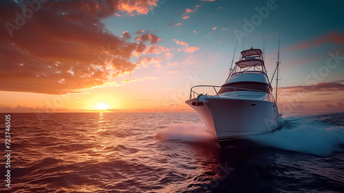 A sportfish motor yacht heads out to sea for a fishing trip. generative ai photo