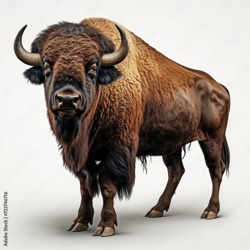 A bison standing on white background, full body profile of wild buffalo. A bison standing on white background, full body profile of wild buffalo.