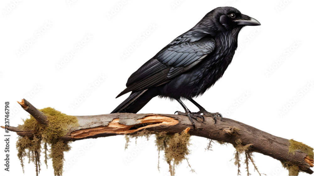 Fototapeta premium Cute raven, sitting on a tree isolated on white background. Generative AI.