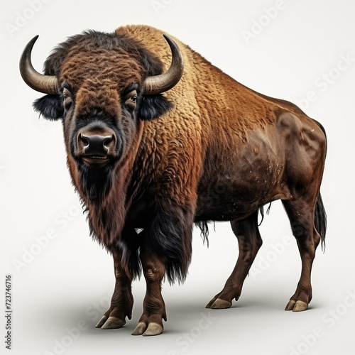 A bison standing on white background, full body profile of wild buffalo.