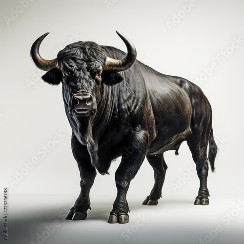 Majestic black bull standing isolated on a white background  showcasing strength and power.