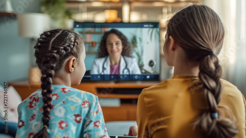 two children are watching a television where a female doctor