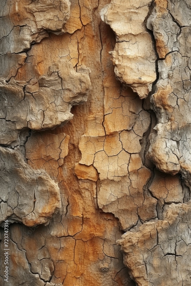 Close-up of textured tree bark, revealing the intricate and rugged patterns of the old, weathered surface in a natural environment.