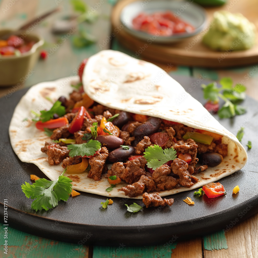 Tortilla in Teig mit Zutaten wunderschön angerichtet als Foodfotografie für Poster Tortilla in Teig mit Zutaten wunderschön angerichtet als Foodfotografie für Poster
