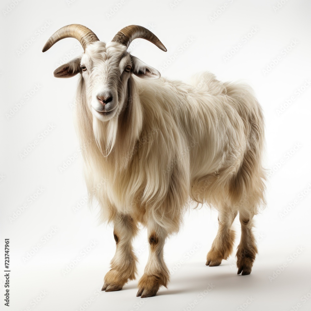 Fototapeta premium Majestic white goat with long fur and curved horns standing against a clean white background.
