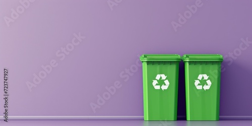 lavender background with copy space two green recycling bins against a purple wall.