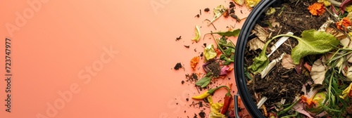 Background with copy space and peach color and an open compost bin filled with organic waste on a pastel pink backdrop. photo