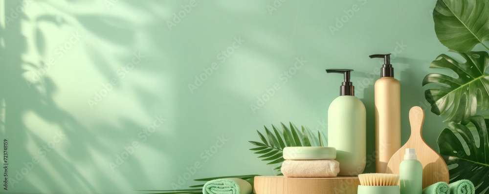Background with copy space and a selection of eco-friendly personal care products and greenery cast in soft shadows on a pastel green backdrop, ideal for clean beauty concepts - obrazy, fototapety, plakaty 