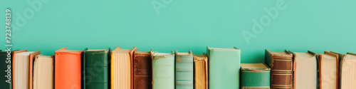 Background with copy space and a row of colorful hardcover books against a teal backdrop. photo
