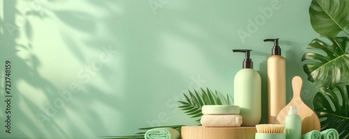 Background with copy space and a selection of eco-friendly personal care products and greenery cast in soft shadows on a pastel green backdrop, ideal for clean beauty concepts