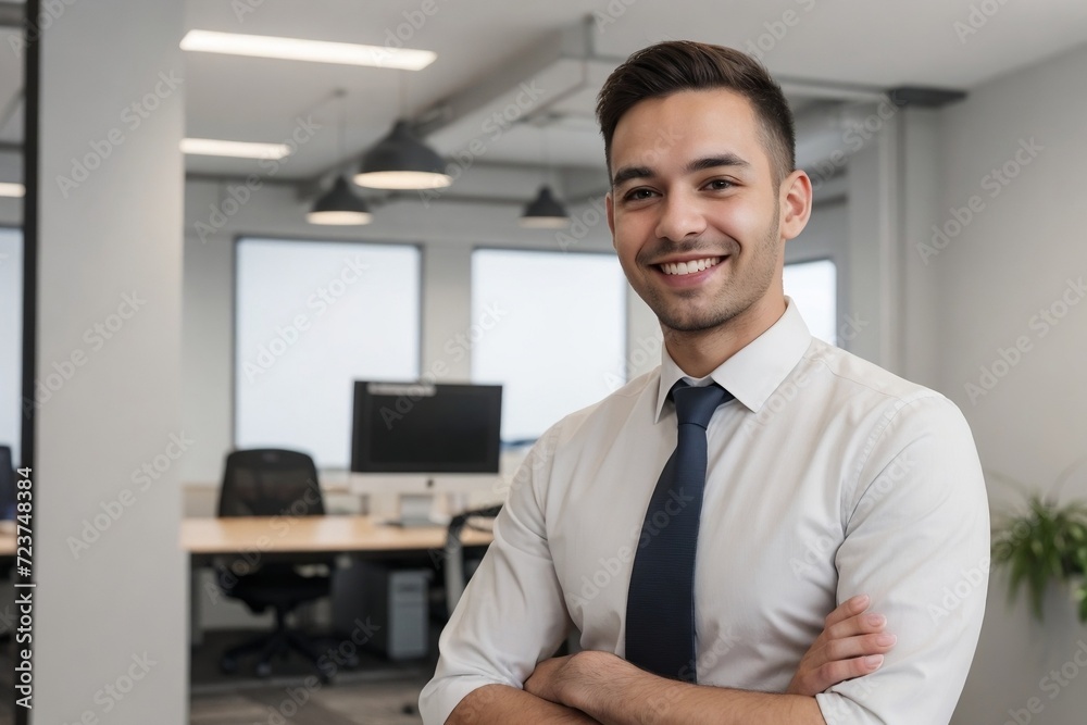 Happy businessman standing in a modern green office space with copy space. Happy businessman standing in a modern green office space with copy space.