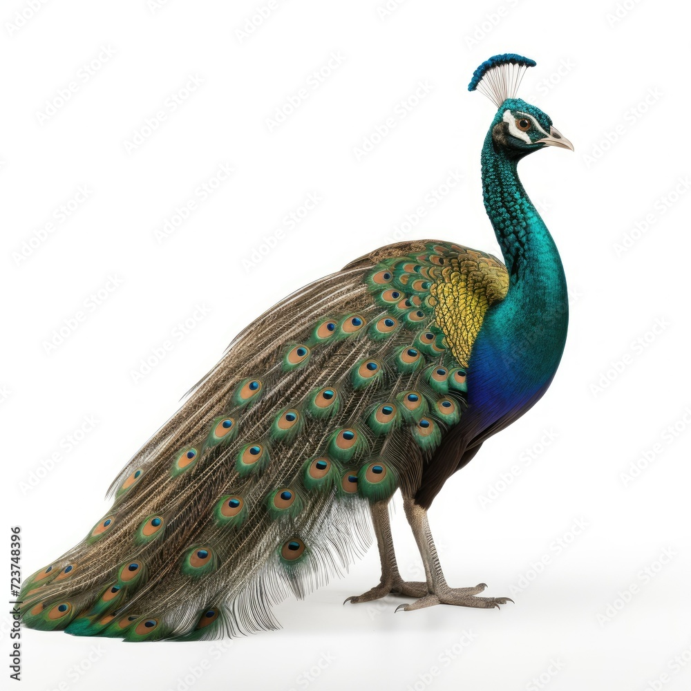 Obraz premium Elegant peacock standing isolated on white background, showcasing its vibrant and colorful feathers.