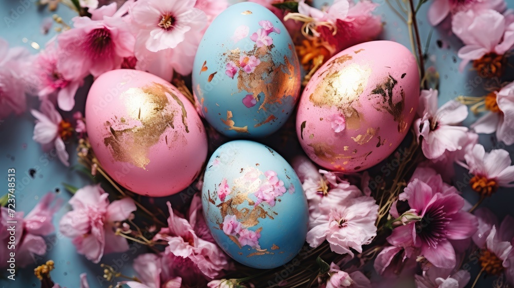 Fototapeta premium Exquisite Easter Eggs Adorned with Gold Amidst Spring Flowers Generative AI