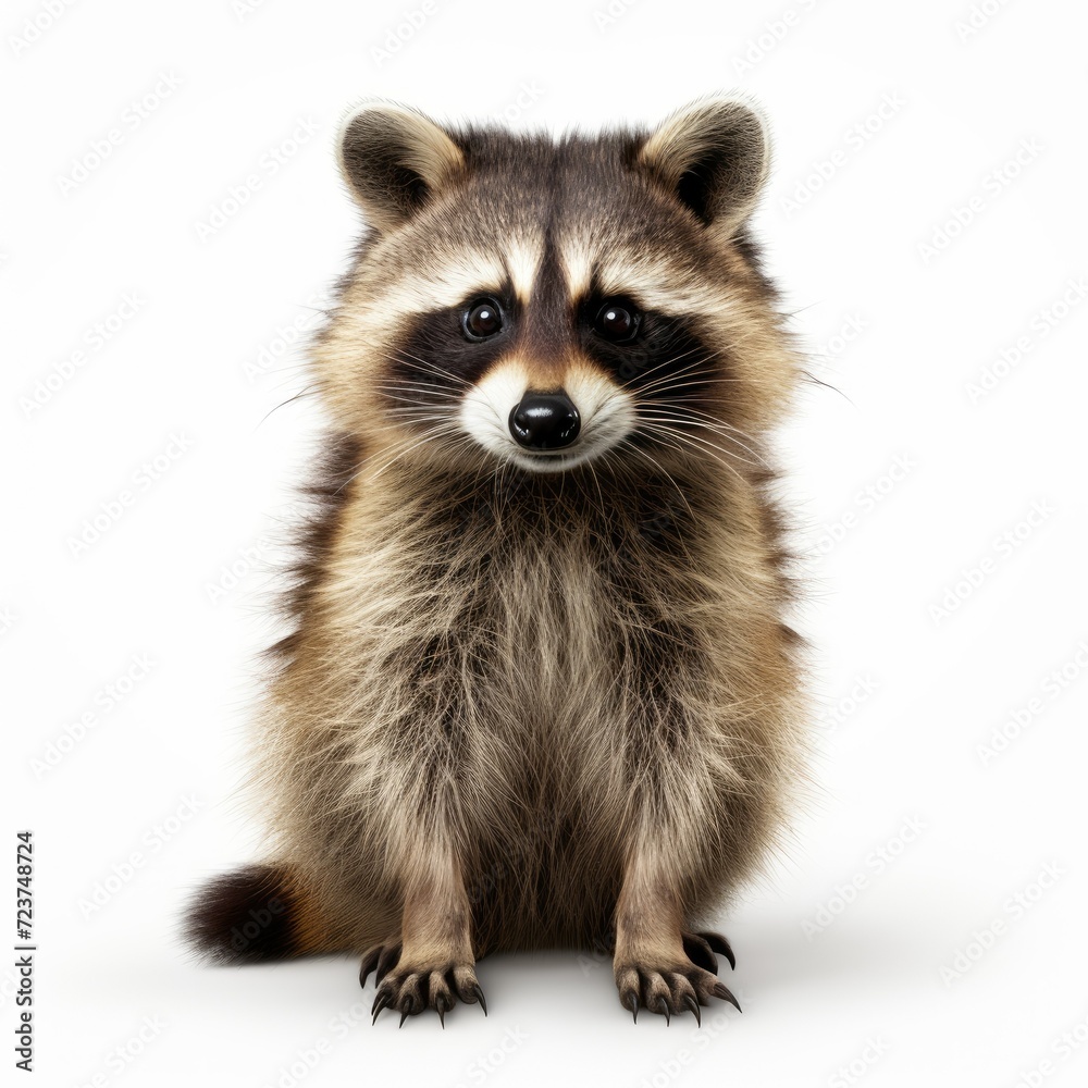 Cute raccoon standing on white background, looking at camera with curious expression.