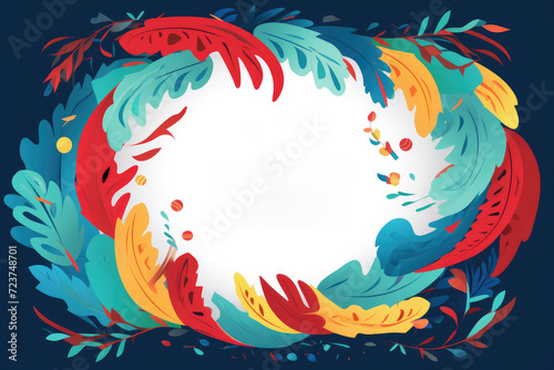 Banner design with colorful feathers around round with white blank text space