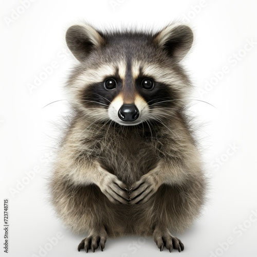 Cute raccoon standing on white background  looking at camera with curious expression.
