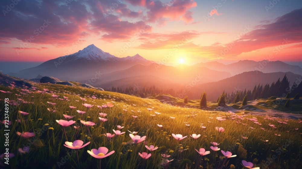 Idyllic Summer Mountain Meadow Aglow with Sunset and Wildflowers Generative AI - obrazy, fototapety, plakaty 