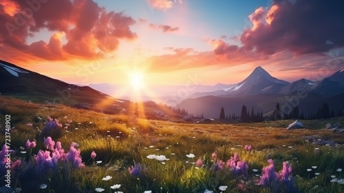 Idyllic Summer Mountain Meadow Aglow with Sunset and Wildflowers Generative AI
