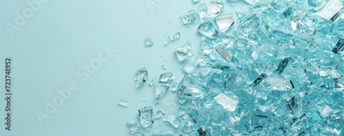 Background with copy space and scattered crushed glass pieces on a pale blue backdrop