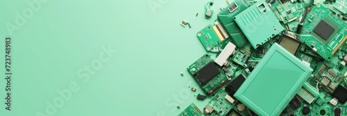 Background with copy space and various disassembled green electronic parts and devices on a light green backdrop. photo