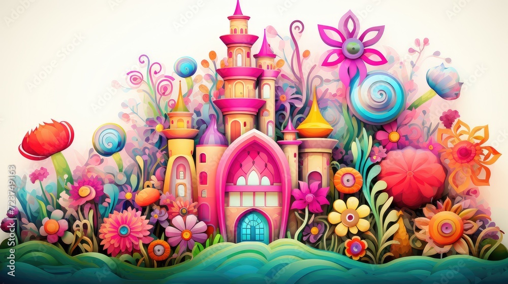 Enchanted Castle Amidst Blooming Fantasy Garden Under Rainbow Generative AI