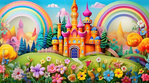 Enchanted Castle Amidst Blooming Fantasy Garden Under Rainbow Generative AI