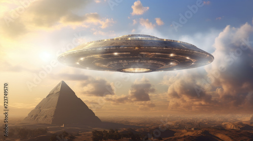 Big spaceship flying over pyramids, aliens and egyptian pyramids and UAP. Generative ai