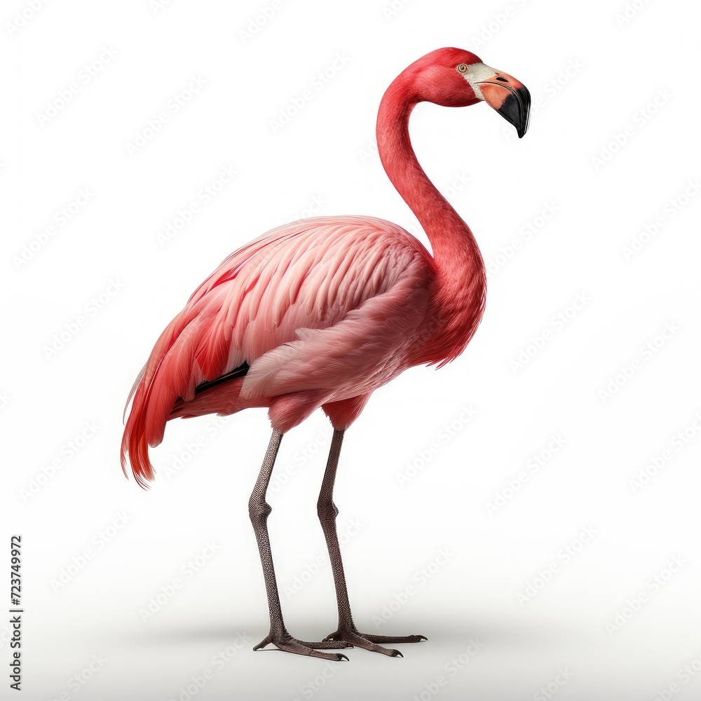 Fototapeta premium Elegant flamingo standing isolated on white background, with detailed feathers and vibrant pink color.