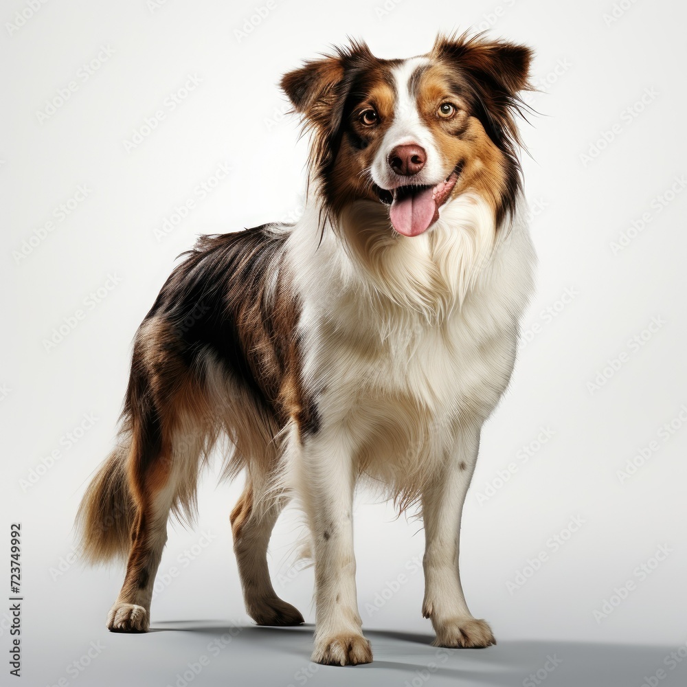 Australian Shepherd dog standing against a grey background, looking at the camera with a friendly expression.