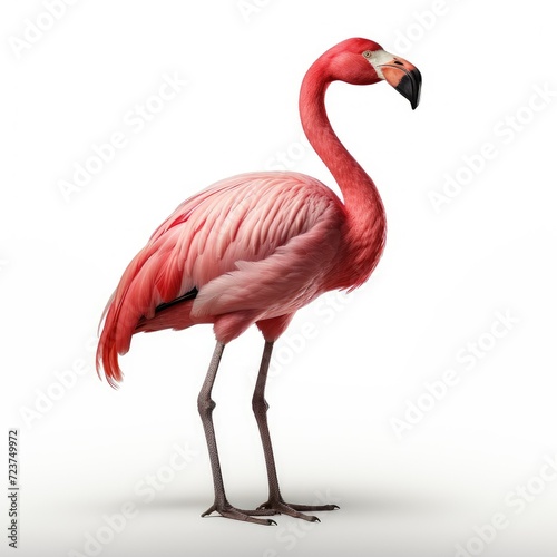 Elegant flamingo standing isolated on white background, with detailed feathers and vibrant pink color.