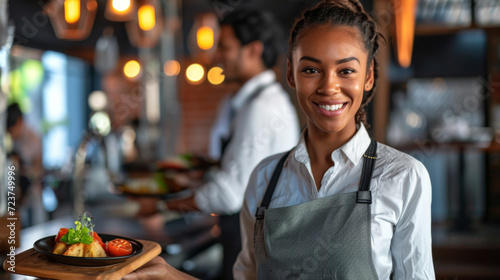 Fototapeta Naklejka Na Ścianę i Meble -  female waitress smiling and holding a plate of food