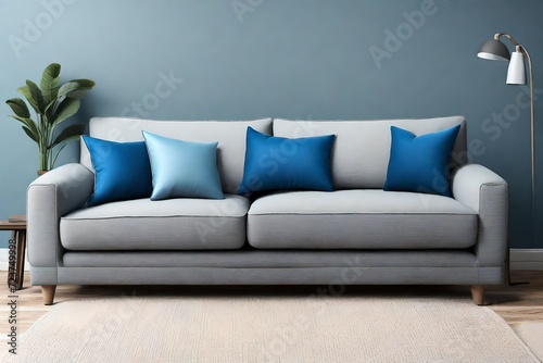  a gray sofa with blue pillows isolated using a clipping mask