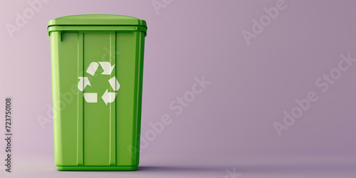 Background with copy space and a single green recycling bin against a lavender backdrop, symbolizing waste management and environmental responsibility.