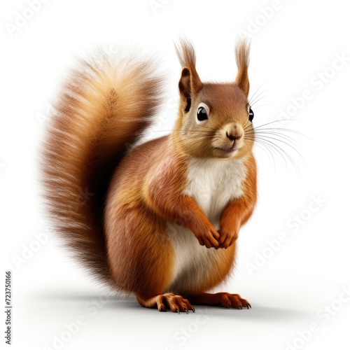 Cute squirrel with a fluffy tail standing on a white background. © ardanz