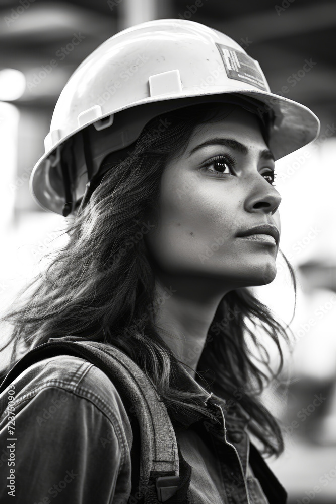 Black and white photo of portrait of construction worker woman in helmet