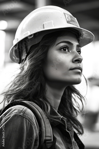 Black and white photo of portrait of construction worker woman in helmet © LFK