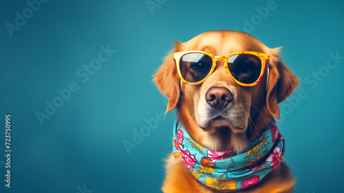 Portrait of a golden retriever dog with sunglasses and a Hawaiian scarf on a blue background.Banner with space for text . © Hasanka