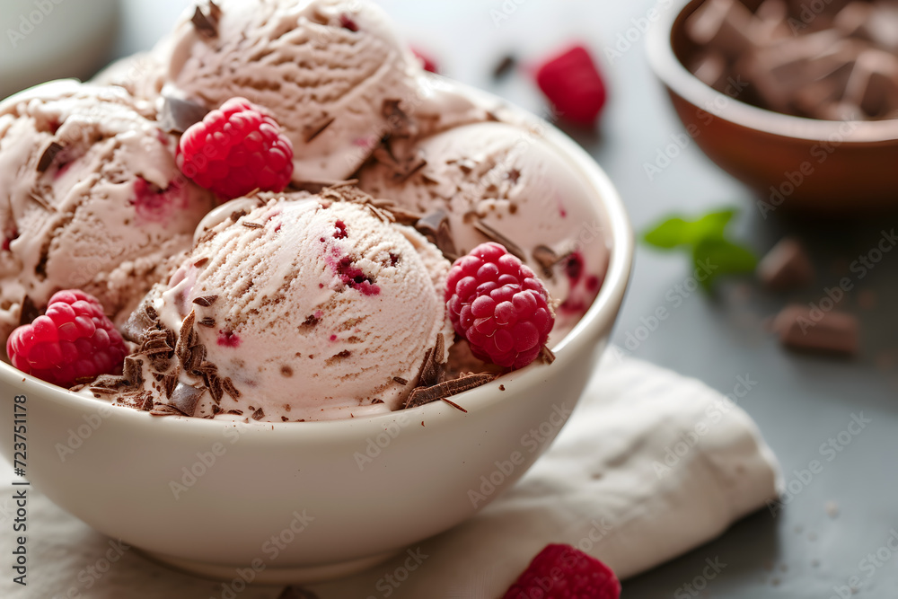 Summer concept - raspberry ice cream, white bowl Summer concept - raspberry ice cream, white bowl