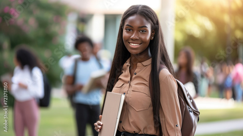 Young female student smiling at the camera, holding a notebook and wearing a backpack, with other students in the blurred background