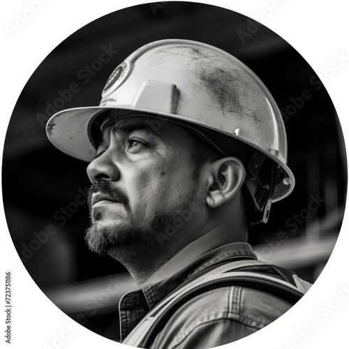 Black and white portrait of construction worker man with helmet