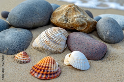 Close-up of assorted seashells on a sandy beach