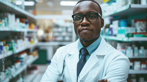 Confident male pharmacist in a white coat  standing with his arms crossed in a pharmacy full of medicine shelves.