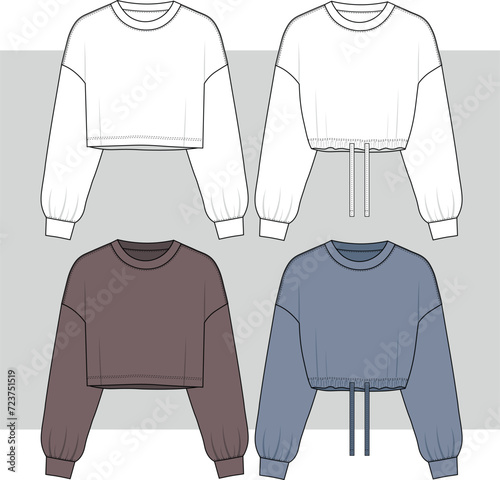 Women Long Sleeves Crop Sweatshirt fashion flat sketch template. Girls Technical Fashion Illustration. hoodie, sweatshirt drawing set. photo