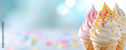Soft ice cream in waffle cones, closeup photo