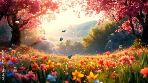 Spring scenery in a colorful flower field with colorful deciduous trees and butterflies in the morning Seamless looping time-lapse animation Video background Generated AI
 photo