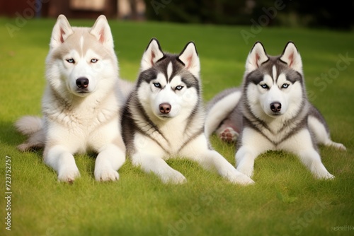 cute husky dogs sitting on grass